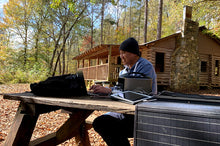 image of man charging multiple electronic devices outside a wooden cabin with the H740 Pro power station